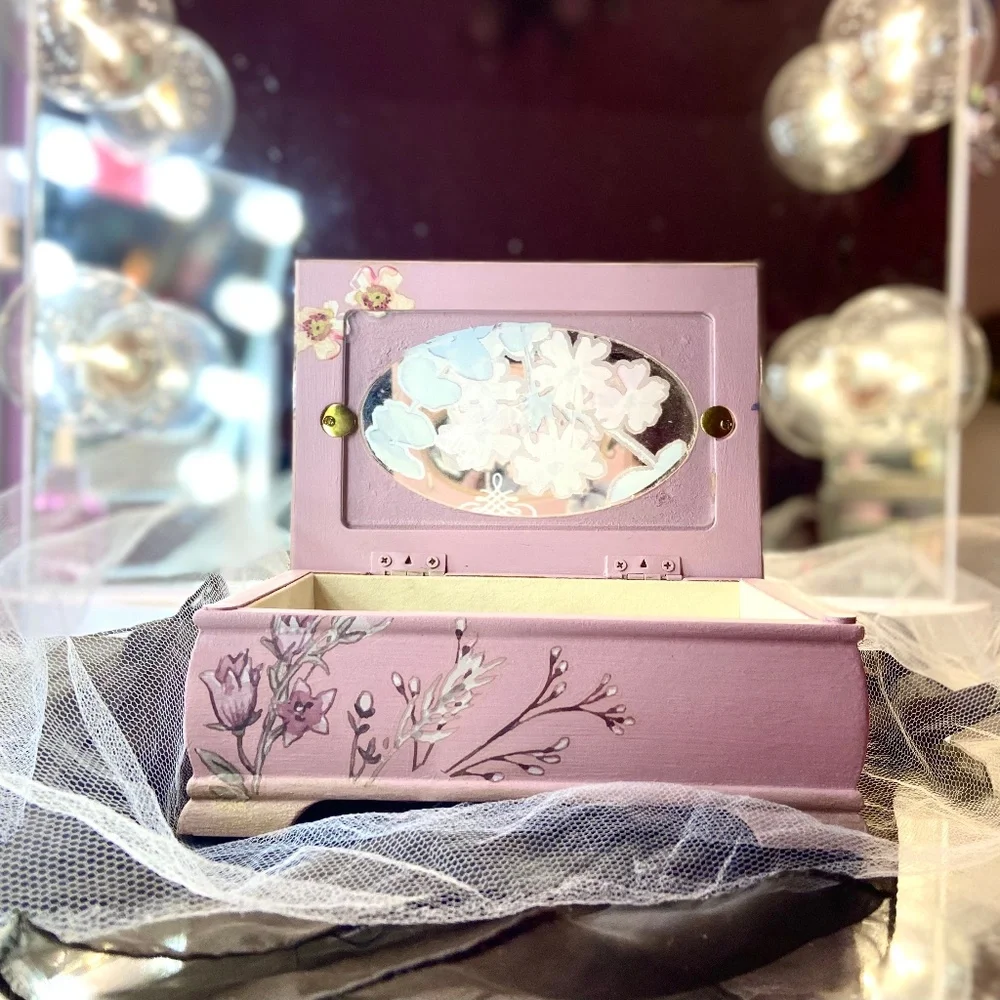 Pink Handmade Floral Painted Jewelry Box Wooden Flower Organizer Velour Interior - Picture 4 of 6